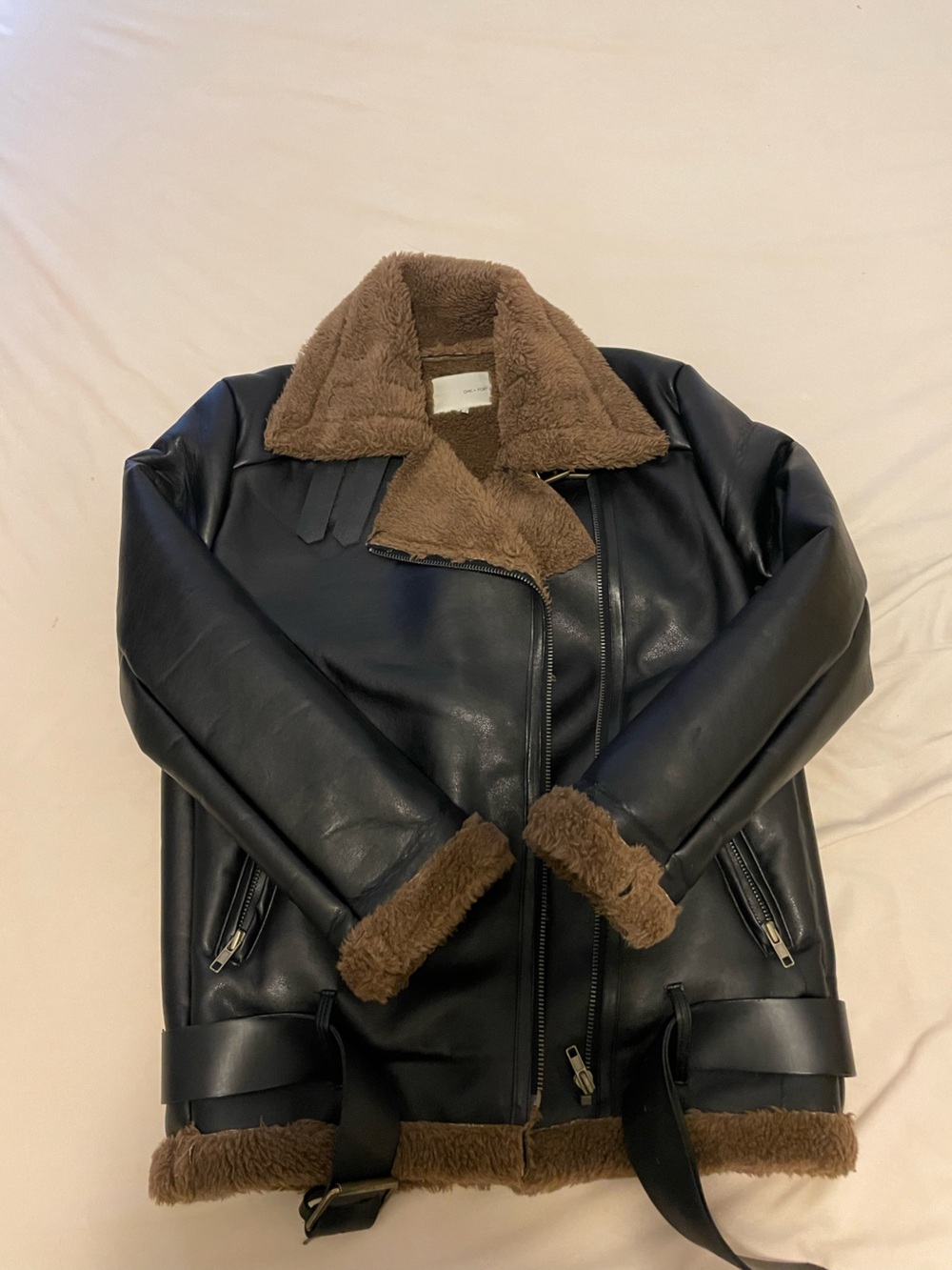 Oak + Fort Faux Leather Sherpa Aviator Jacket Black | OS One Size | Belted Moto